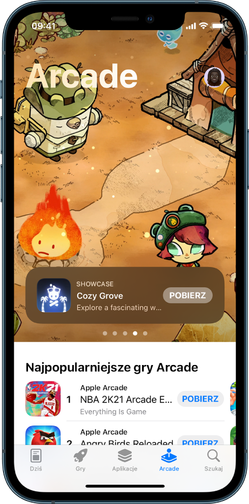 Ekran Arcade w App Store. Na górze widoczna jest gra, a na środku znajdują się najlepsze gry Arcade. Na dole znajdują się (od lewej) następujące karty: Dziś, Gry, Aplikacje, Arcade oraz Szukaj.