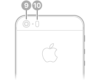 iPhone SE (1.ª geração) visto de trás. A câmara traseira e o flash encontram-se na parte superior, à esquerda.