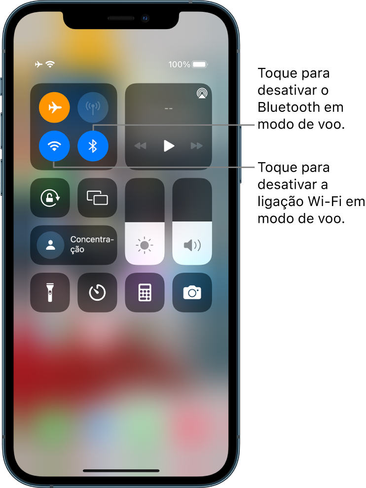 Central de controlo com o modo de voo ativado. No grupo de controlos no canto superior esquerdo encontram-se o botão Wi-Fi (inferior esquerdo) e o botão Bluetooth (inferior direito).