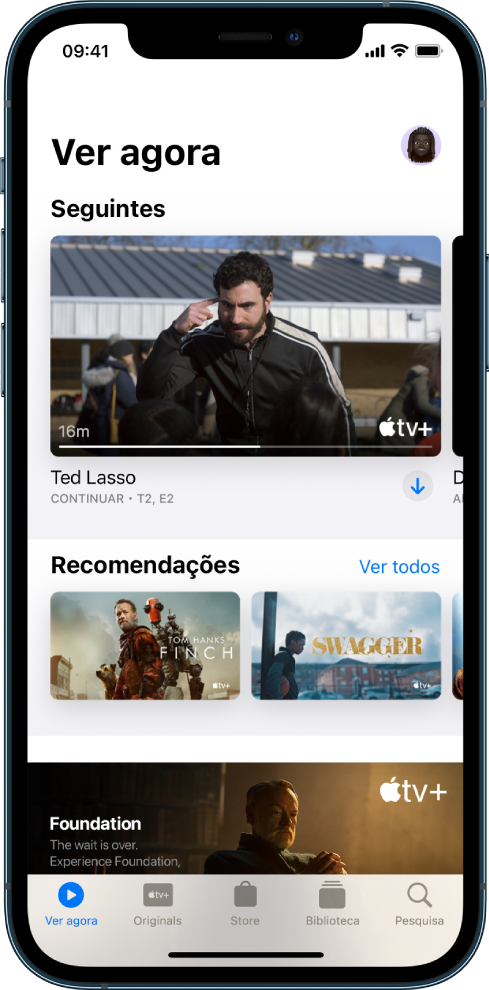 O ecrã Ver agora mostra botões para Filmes, Programas de TV e Desporto na linha superior. A linha Seguintes está ao centro, por cima da linha O que ver. Na parte inferior, da esquerda para a direita, estão os separadores Ver agora, Originais, Biblioteca e Pesquisa.