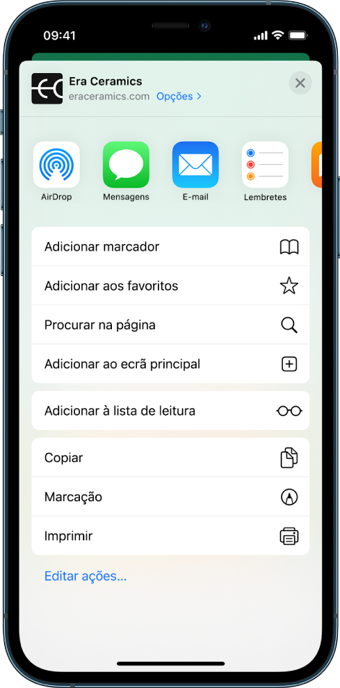 O menu de partilha. Em cima, estão as aplicações que podem ser usadas para partilhar hiperligações. Por baixo, está uma lista de outras opções, incluindo Adicionar marcador, Adicionar aos favoritos, Procurar na página, Adicionar ao ecrã principal e Adicionar à lista de leitura.