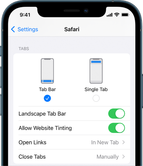 Екран на ком су приказане две опције изгледа за Safari: Tab Bar и Single Tab.