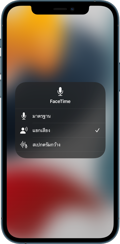 การตั้งค่าโหมดไมค์ในศูนย์ควบคุมสำหรับการโทร FaceTime ที่แสดงมาตรฐาน แยกเสียง และสเปกตรัมกว้างในการตั้งค่าเสียง