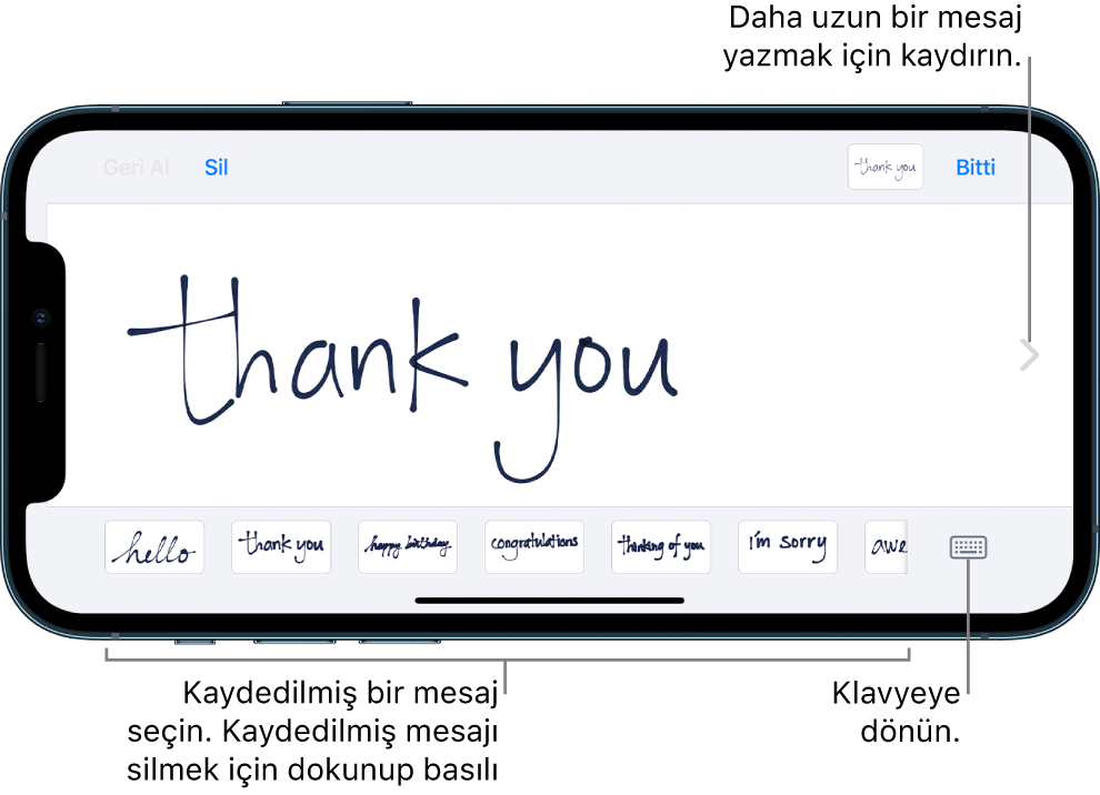 El yazısı mesajının olduğu el yazısı ekranı. Alt tarafta soldan sağa doğru kaydedilen mesajlar ve Klavyeyi Göster düğmesi bulunuyor.