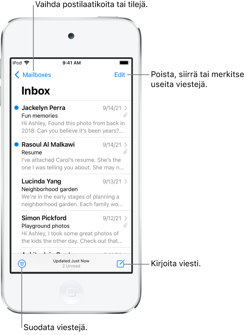 Saapuneet-näkymä, jossa näkyy sähköpostien luettelo. Postilaatikot-painike toiseen postilaatikkoon vaihtamista varten on vasemmassa yläkulmassa. Muokkaa-painike sähköpostien poistamista, siirtämistä tai merkitsemistä varten on oikeassa yläkulmassa. Painike, jolla suodatetaan sähköposteja niin, että vain tietyntyyppiset sähköpostit näytetään, on vasemmassa alakulmassa. Painike uuden sähköpostin kirjoittamista varten on oikeassa alakulmassa.