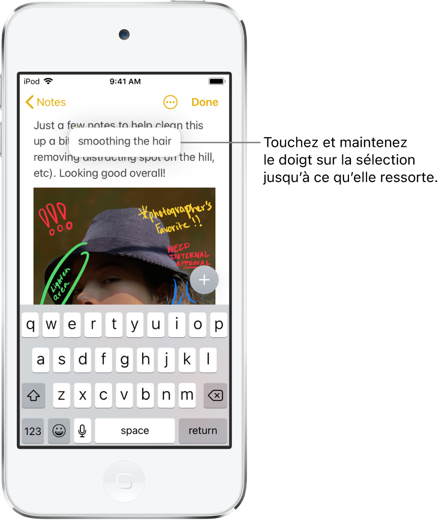Dans une note de l’app Notes, un utilisateur maintient son doigt sur une expression sélectionnée ; elle semble alors se soulever.