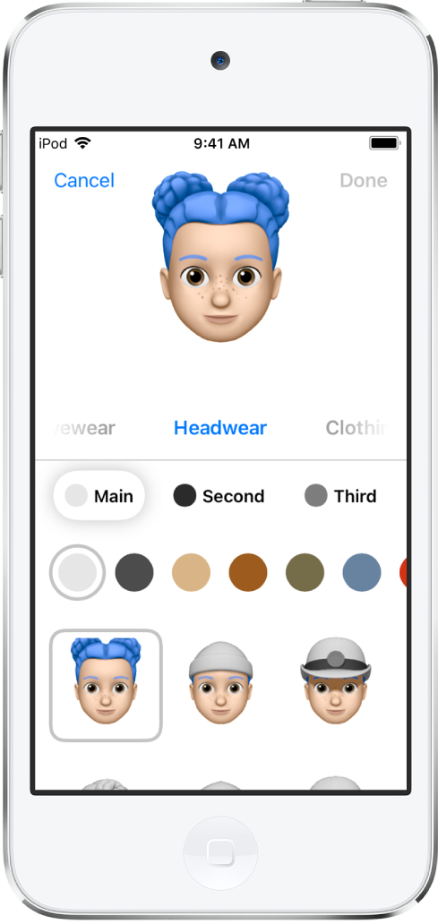 L’écran de création d’un Memoji, montrant un personnage en cours de création en haut, les caractéristiques physiques sous le personnage et les options de personnalisation pour la caractéristique sélectionnée en dessous. Le bouton OK se trouve en haut à droite et le bouton Annuler est en haut à gauche.