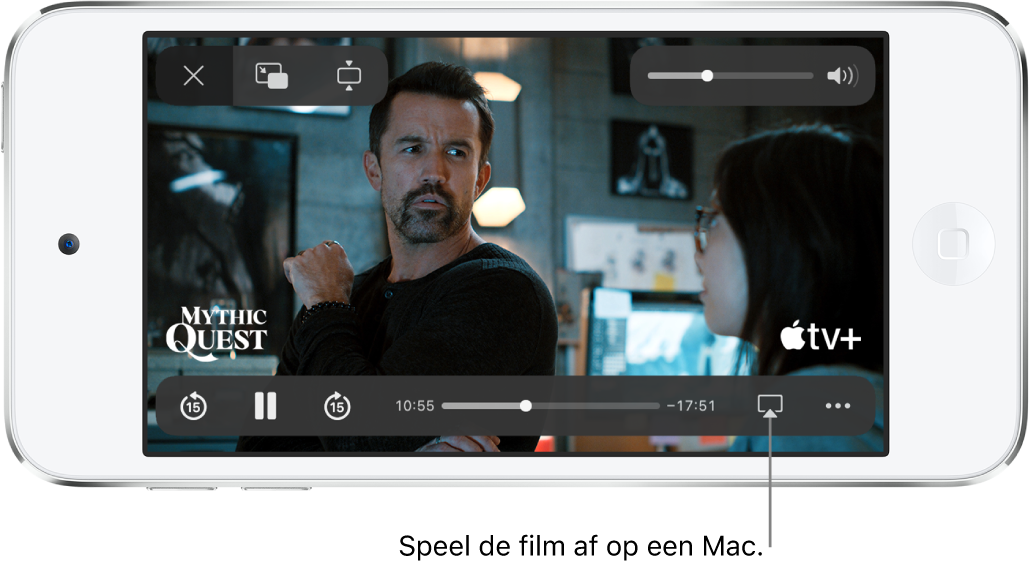 Een film die wordt afgespeeld op het iPod touch-scherm. Onder in het scherm staan de afspeelregelaars, met rechtsonderin de AirPlay-knop.