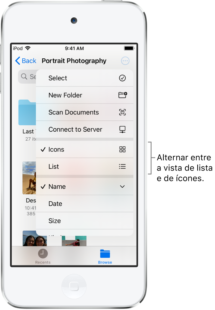 Uma localização de iCloud Drive para ficheiros de fotografias. Os elementos estão ordenados por nome e são compostos por uma pasta denominada “Remodelação da casa de campo” e seis documentos: Paragem no deserto, Azul Catarina, Lago, Sombras nas folhas, Flip do Marco e Verde Susana. Um botão para mudar entre a vista de lista e vista de ícones aparece no canto superior direito.