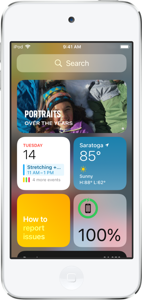วิดเจ็ตในแกลเลอรี่วิดเจ็ต iPod touch รวมถึงวิดเจ็ตรูปภาพ วิดเจ็ตปฏิทิน และวิดเจ็ตสภาพอากาศ