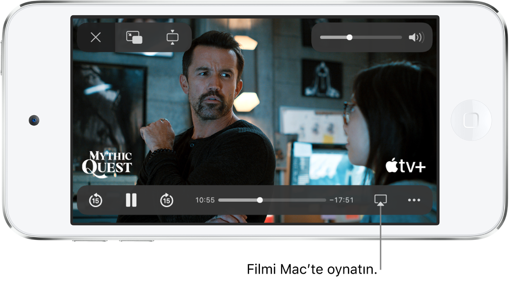 iPod touch ekranında bir film oynatılıyor. Ekranın en altında, sağ alt taraftaki AirPlay düğmesi de dahil olmak üzere oynatma denetimleri bulunuyor.