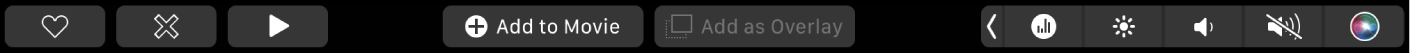 The iMovie Touch Bar showing buttons for play, add to movie, and add as overlay.