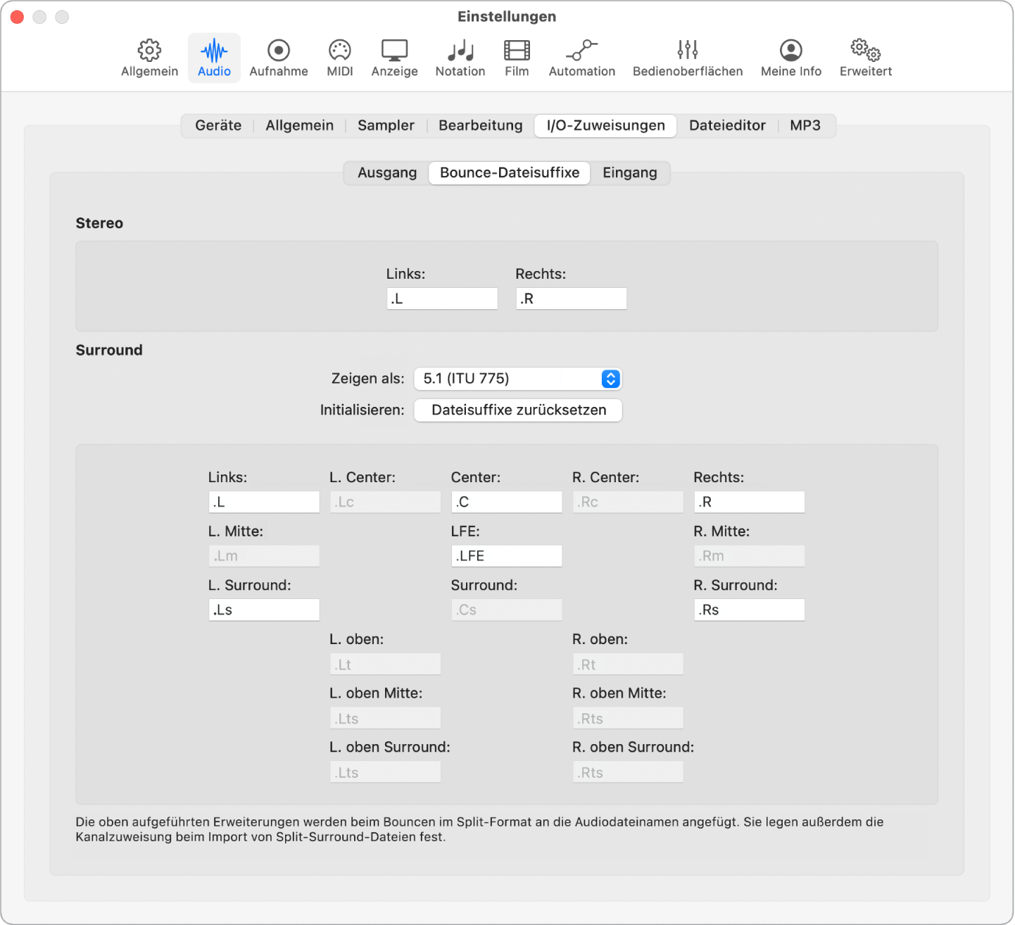 Abbildung. Einstellungsbereich „Audio“ > „I/O-Zuweisungen“ > „Bounce-Dateisuffixe“