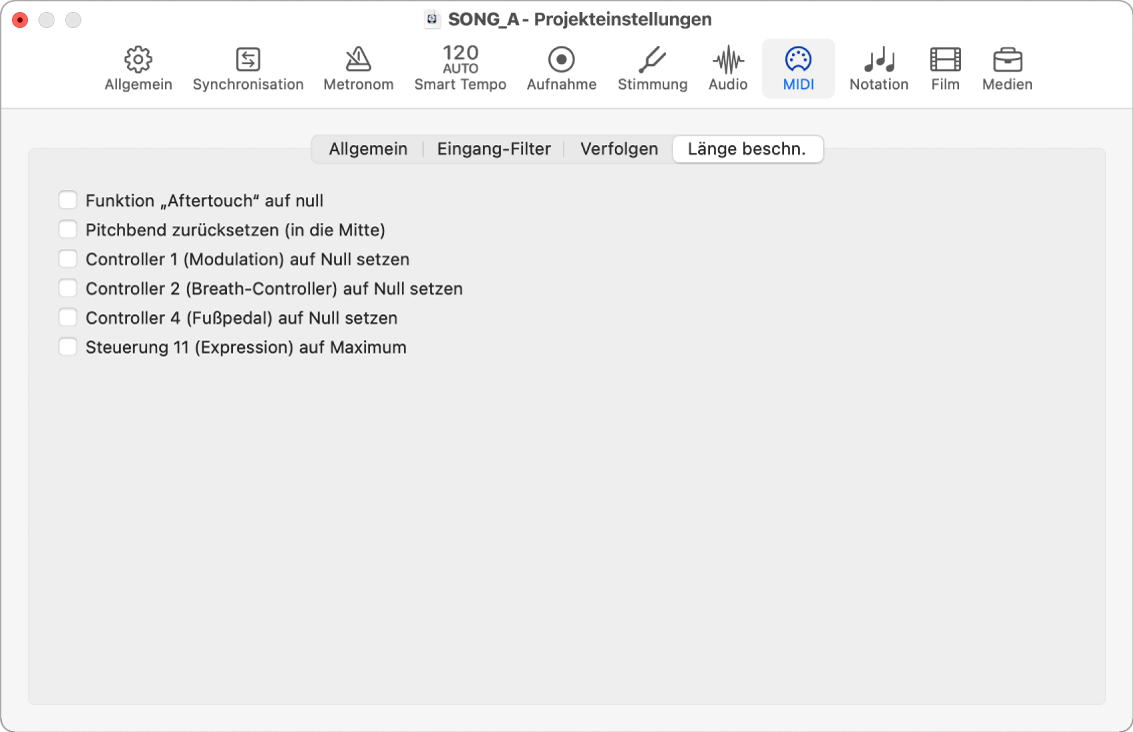 Abbildung. Projekteinstellungsbereich „MIDI“ > „Länge beschn.“