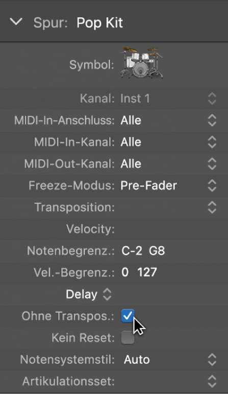 Abbildung. Spur-Parameterbox mit ausgewähltem Markierungsfeld „Ohne Transpos.“