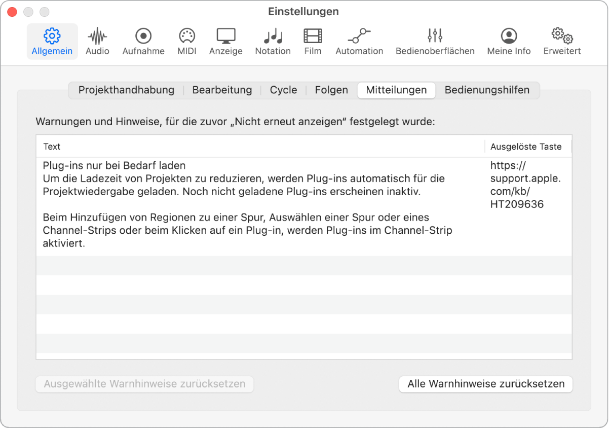 Abbildung. Einstellungsbereich „Allgemein“ > „Mitteilungen“