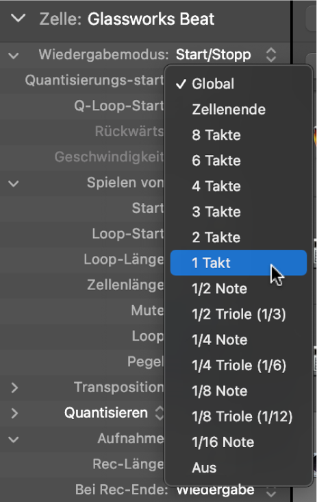 Abbildung. Das Einblendmenü „Quantisierungsstart“ im Informationsfenster „Zelle“