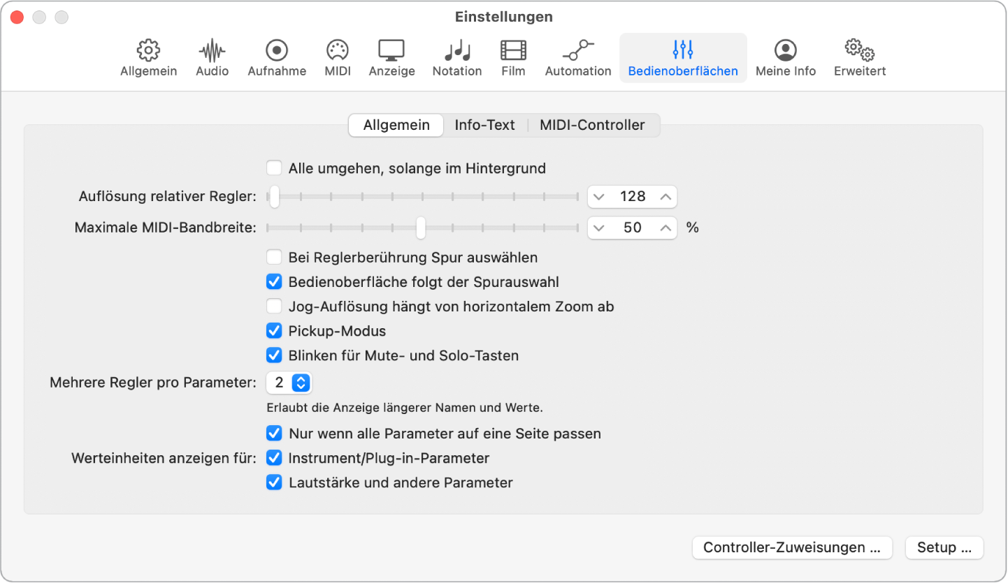 Abbildung. Einstellungsbereich „Bedienoberflächen“ > „Allgemein“