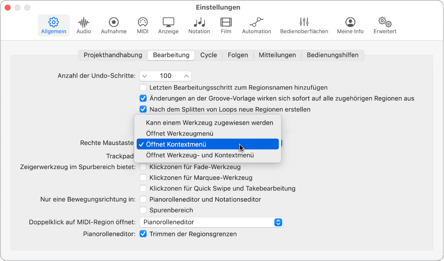 Abbildung. Einblendmenü „Rechte Maustaste“ im Bereich „Bearbeitung“ in den allgemeinen Einstellungen