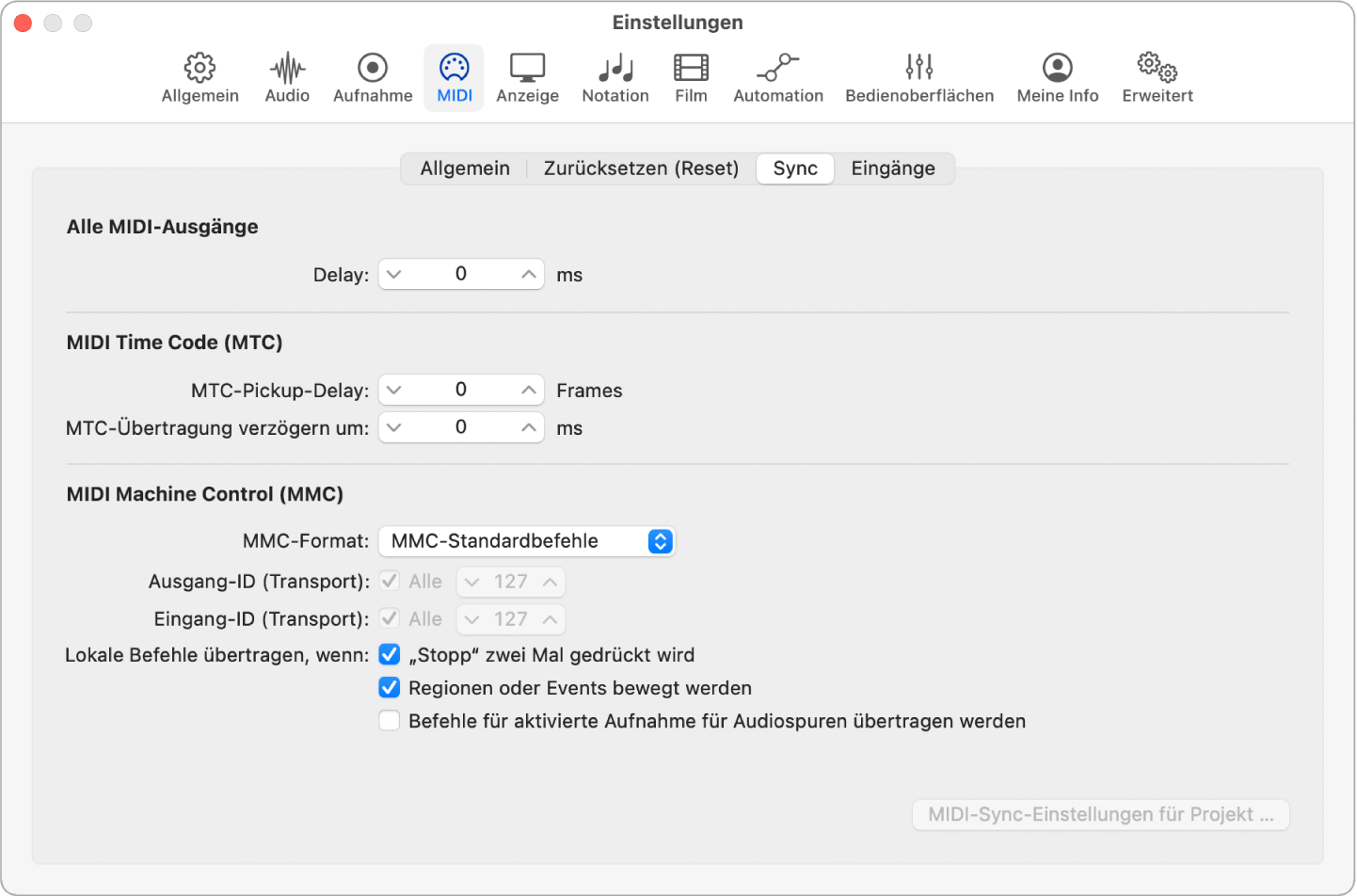 Abbildung. Einstellungsbereich „MIDI“ > „Sync“
