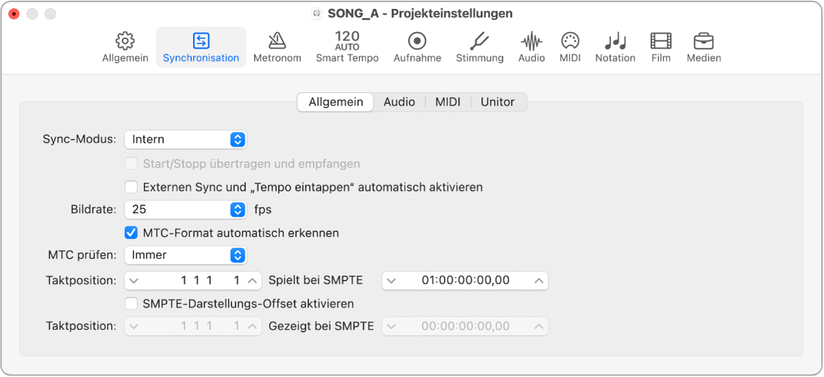 Abbildung. Projekteinstellungsbereich „Allgemeine Synchronisation“