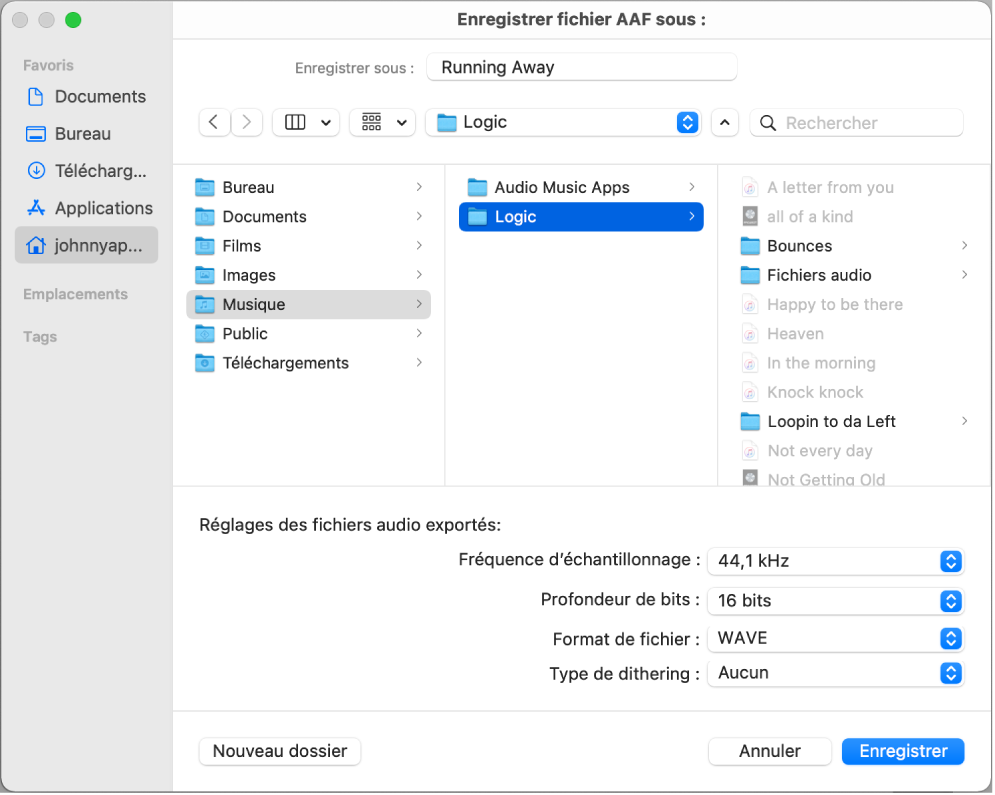 Zone de dialogue « Enregistrer fichier AAF sous ».