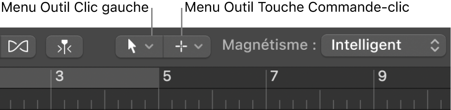 Figure. Menus « Outil Clic gauche » et « Outil Touche Commande-clic » dans la zone Arrangement.