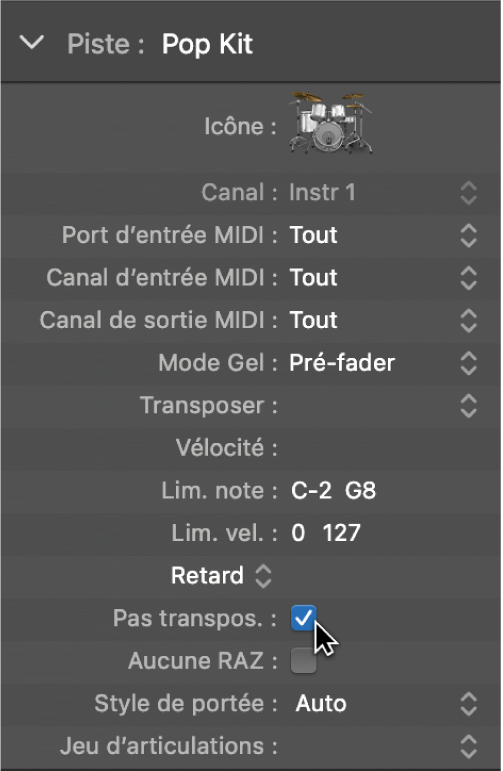 Figure. Zone de paramètre de piste avec la case « Pas transpos. » cochée.