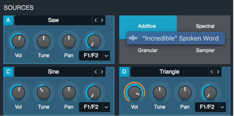Figure. Fichier audio en cours de déplacement par glisser-déposer sur l’étiquette du quadrillage du mode d’analyse Additive de la source B.