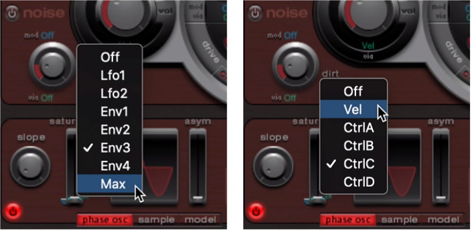 Figure. Menus locaux Mod et Via de saturation de l’oscillateur 2.