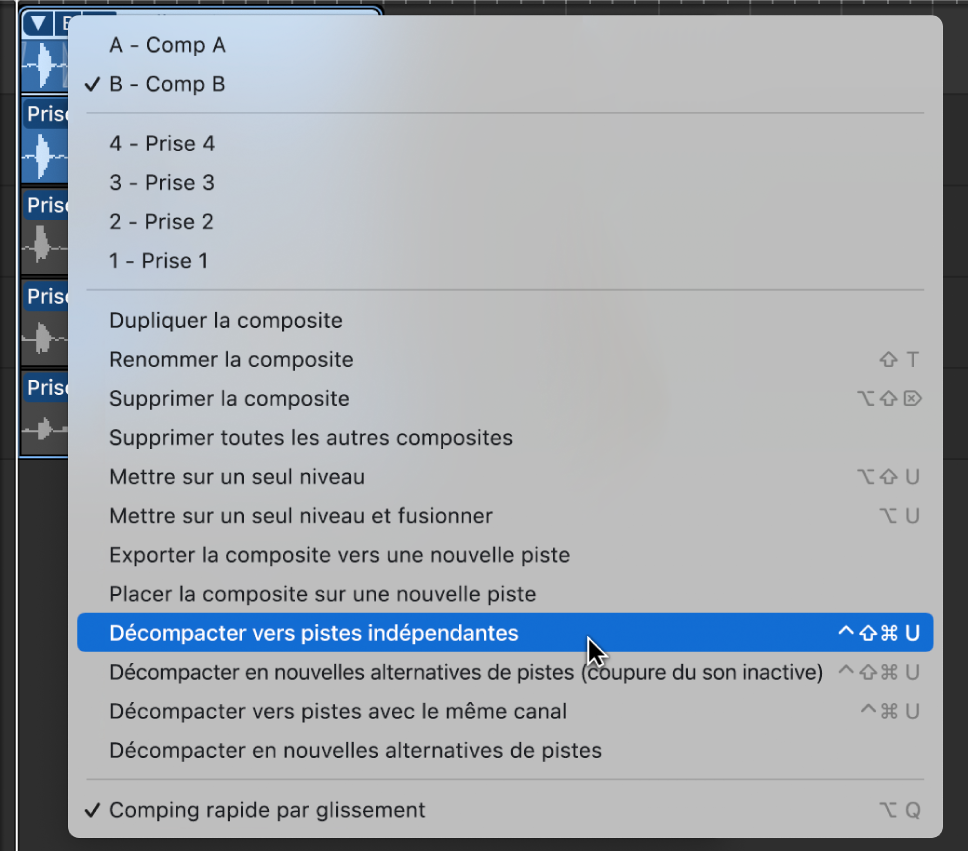 Figure. Sélection de « Décompacter vers pistes indépendantes » dans le menu local.