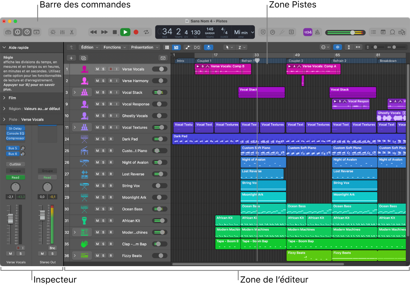 Figure. Fenêtre principale de Logic Pro.