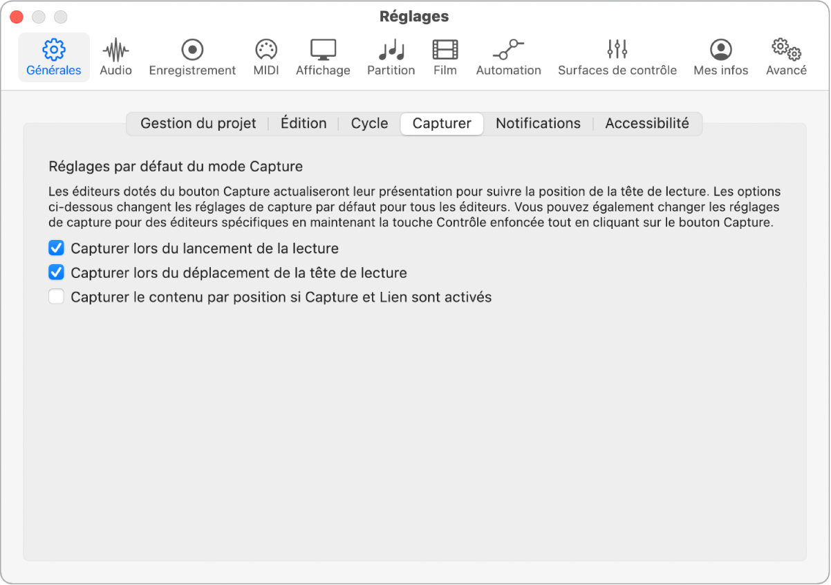 Figure. Réglages généraux de capture