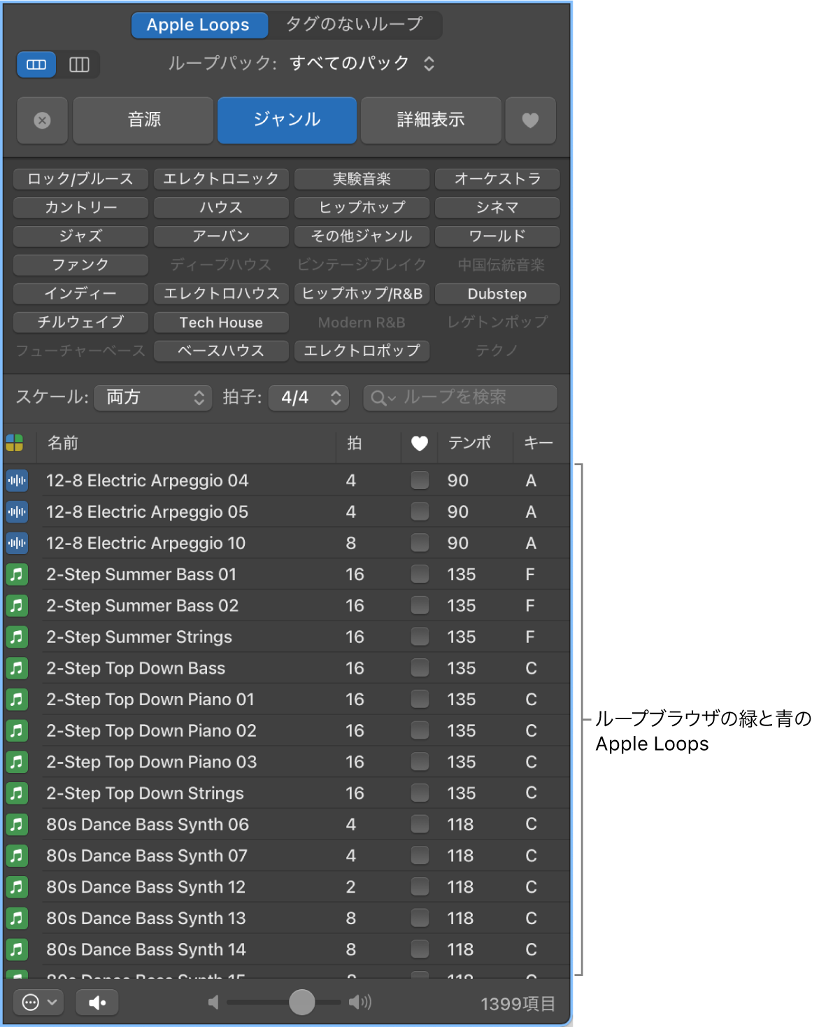ソフトウェア音源(緑)とオーディオ(青)のApple Loopsが表示されたループブラウザ。