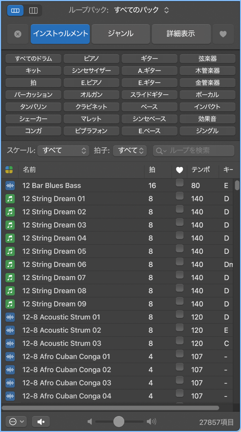 図。ループブラウザ。各種のキーワードボタンと、条件に一致したループが結果リストに表示されている。