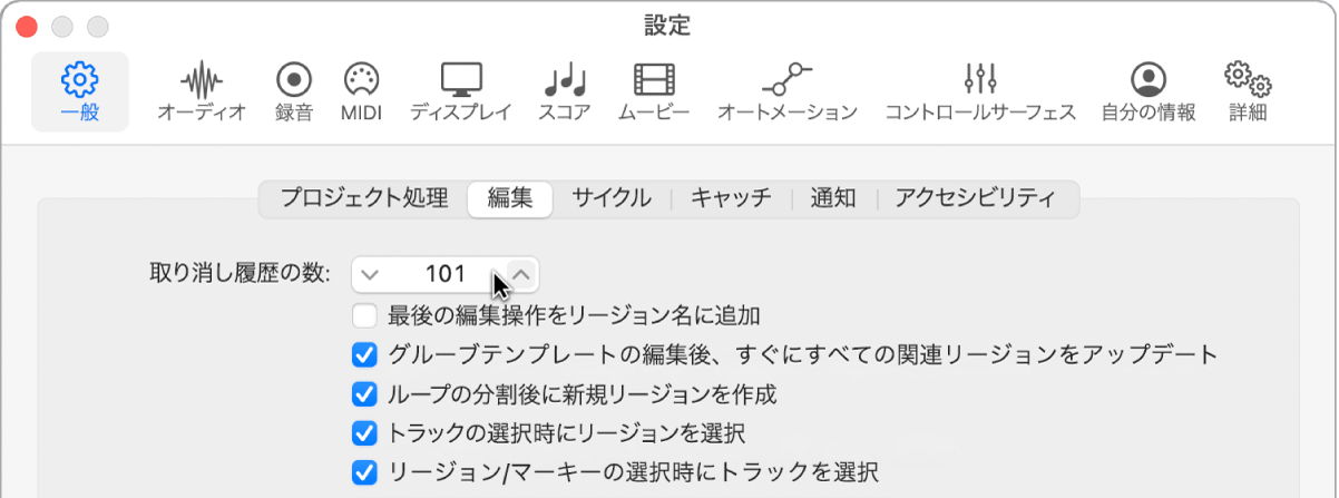 図。「一般」設定の「編集」パネルの「取り消し履歴の数」フィールド。