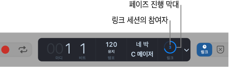 그림. Ableton Link 동기화 및 세션에 있는 참여자의 숫자를 표시하는 LCD.