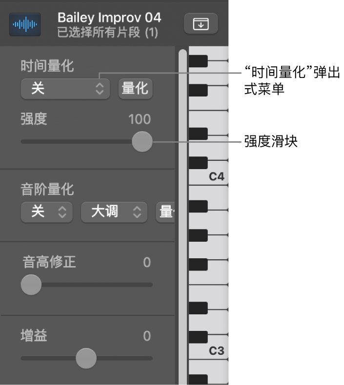 图。“时间量化”弹出式菜单和“强度”滑块。