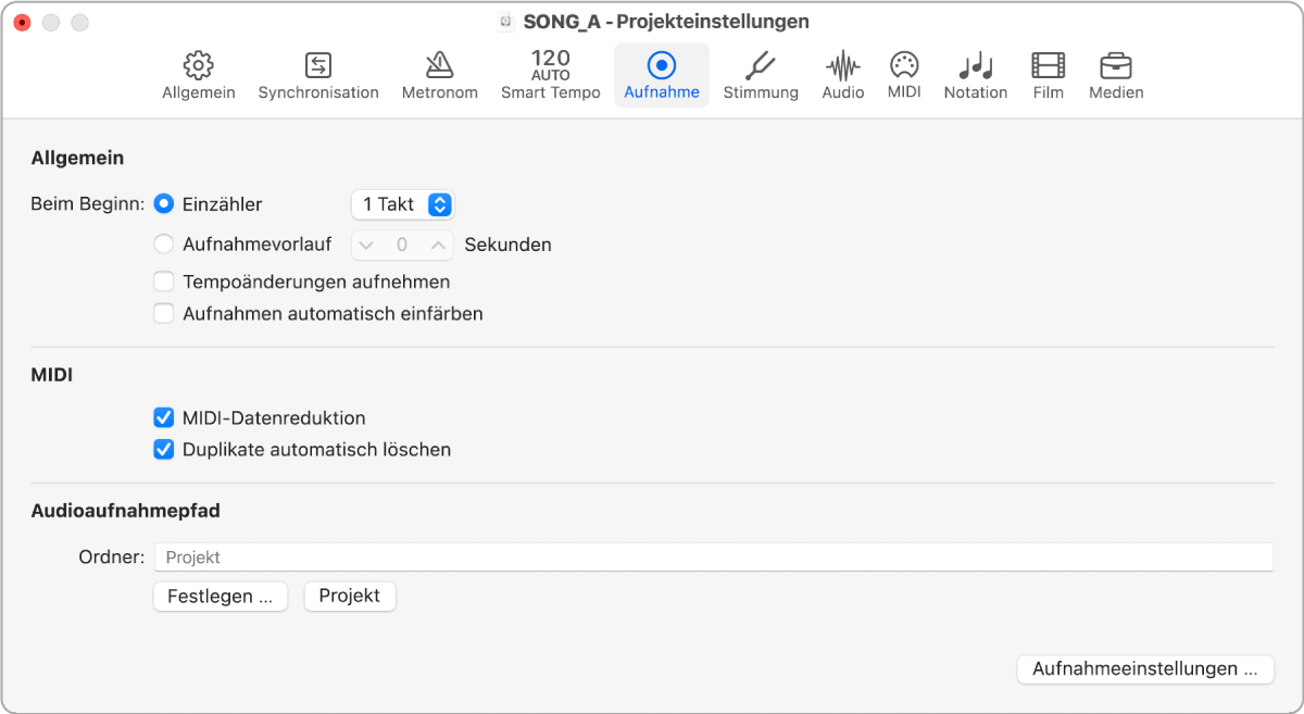 Abbildung. Projekteinstellungsbereich „Aufnahme“