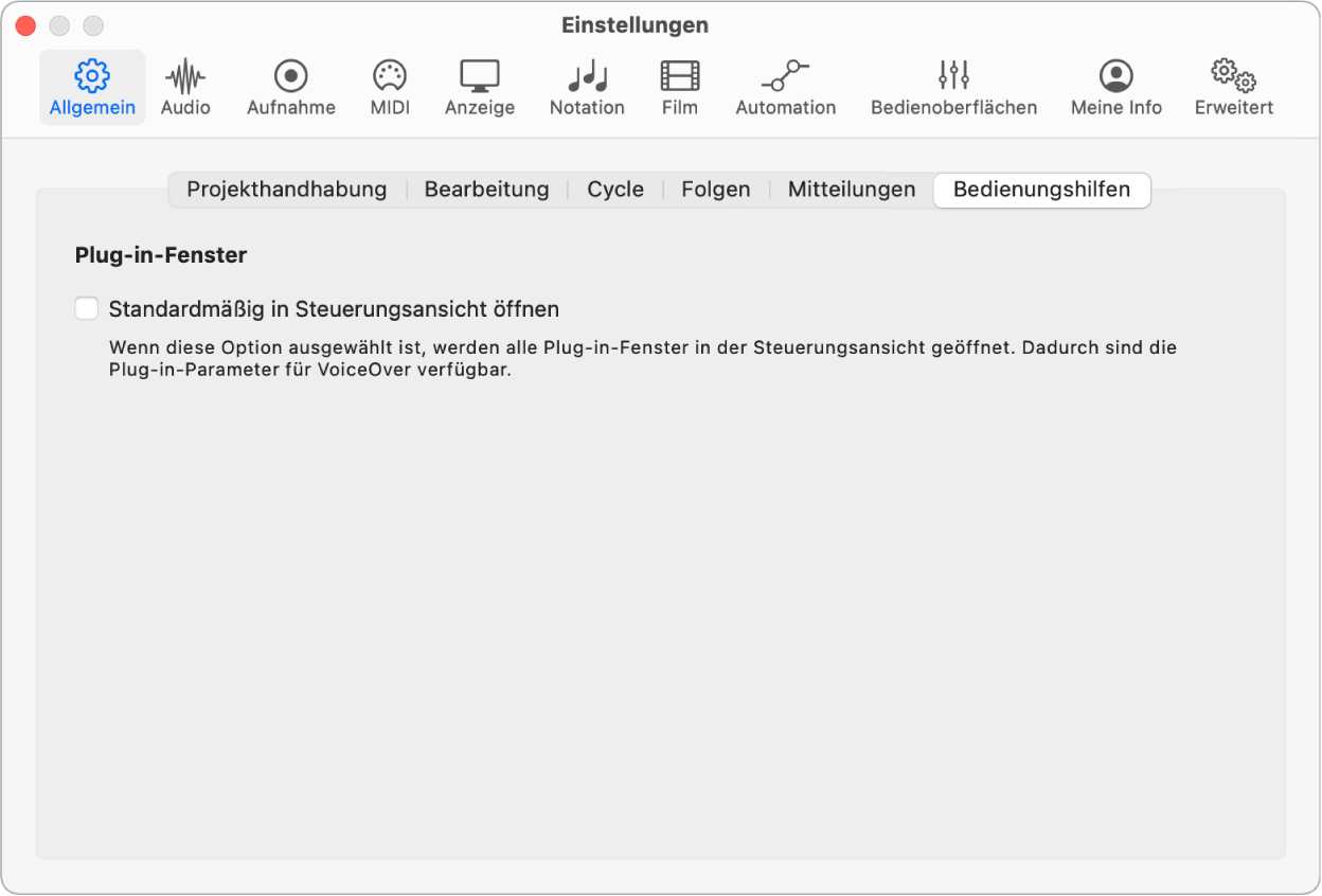Abbildung. Einstellungsbereich „Allgemein“ > „Bedienungshilfen“.