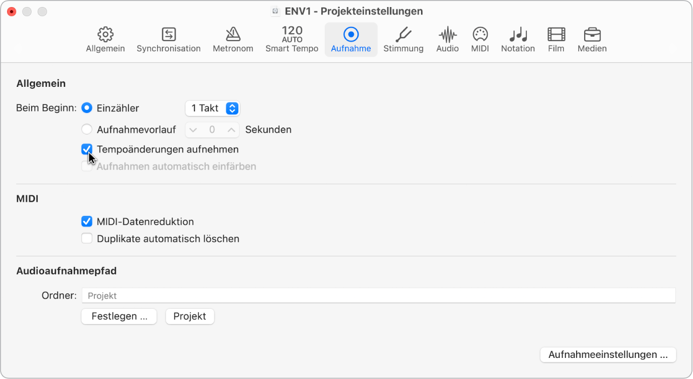 Abbildung. Bereich „Aufnahme“ der Projekteinstellungen