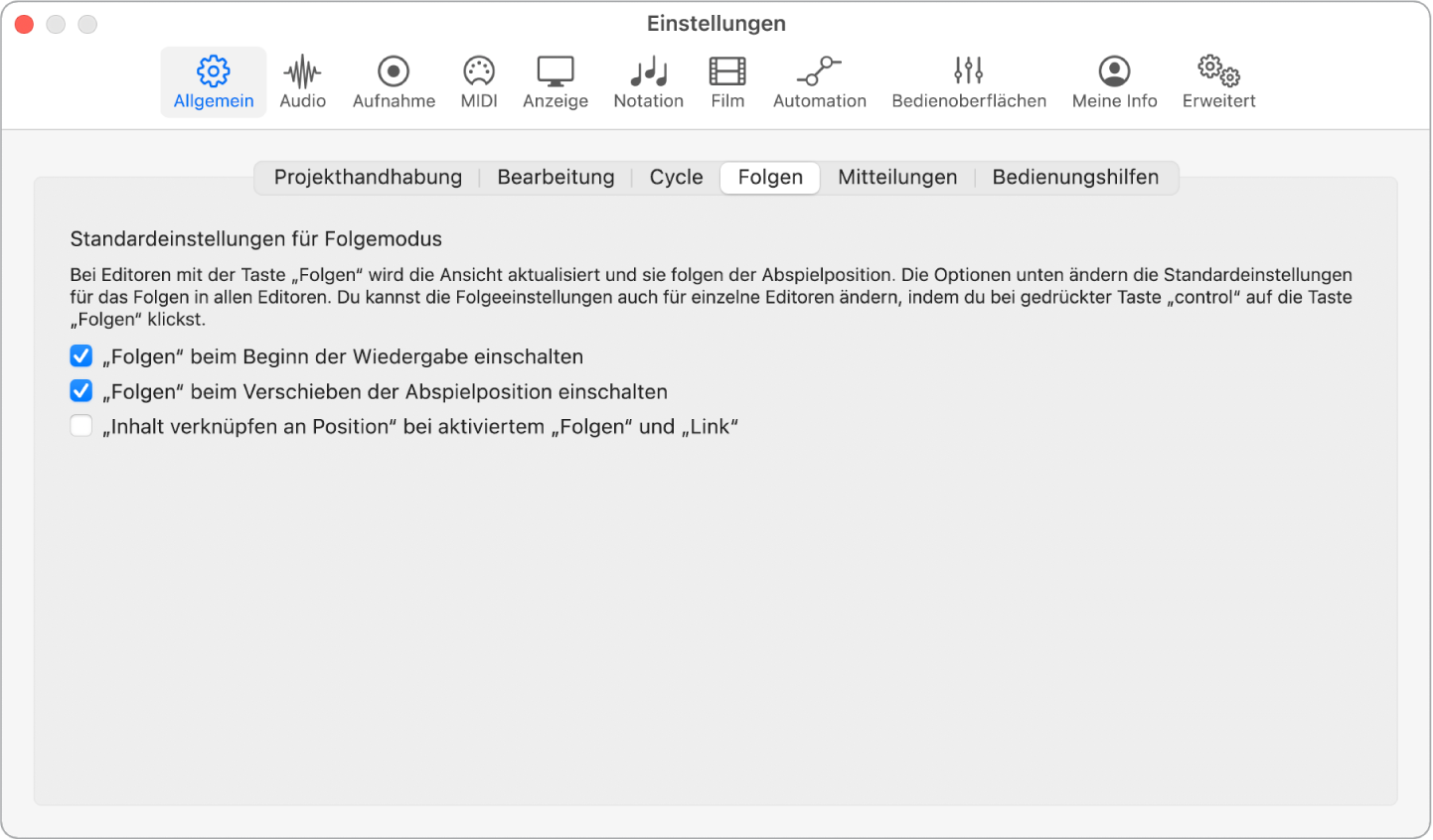 Abbildung. Einstellungsbereich „Allgemein“ > „Folgen“.