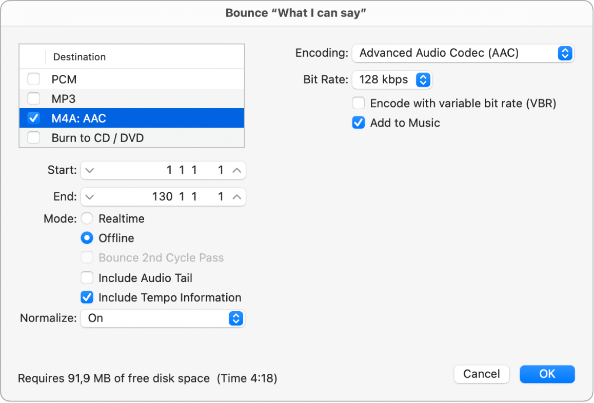 Figure. M4A AAC Format options in the Bounce window.
