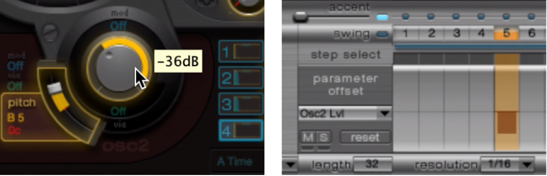 Figure. Oscillator 2 section, and Parameter Offset row.
