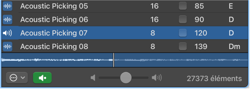 Figure. Curseur Volume et menu local « Lire dans » dans le navigateur de boucles.