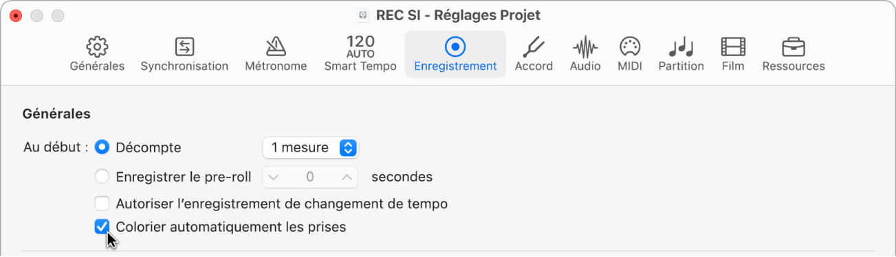 Figure. Sélection, dans la sous-fenêtre des réglages de projet d’enregistrement, de prises de couleur attribuée automatiquement.