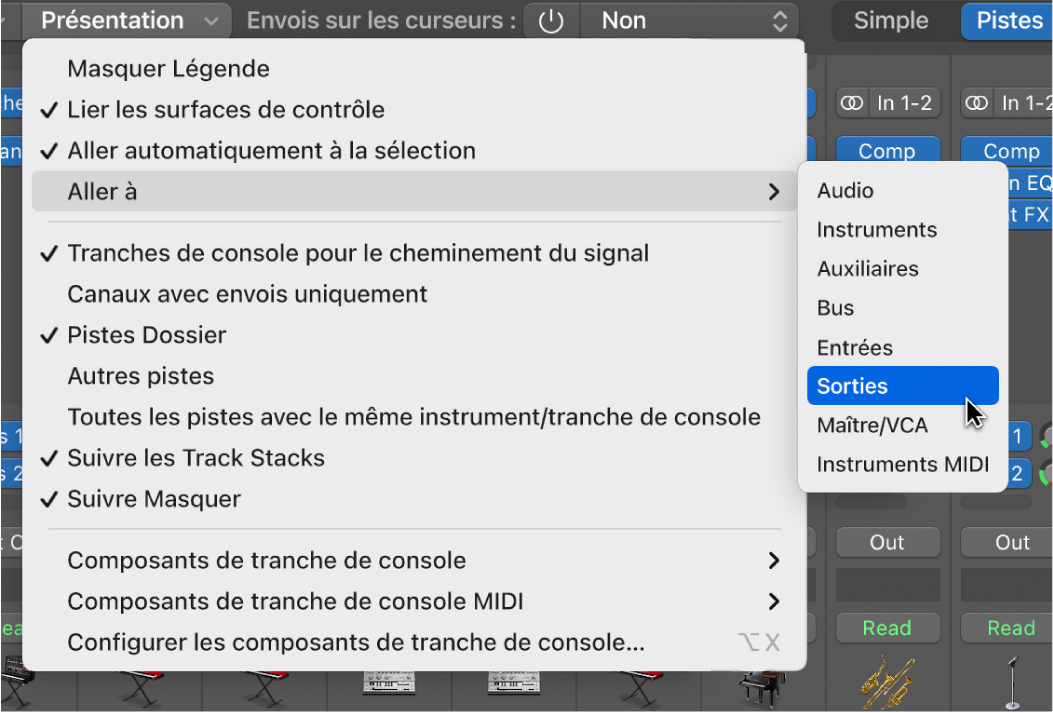 Figure. Sous-menu « Aller à » dans le menu Présentation de la table de mixage.
