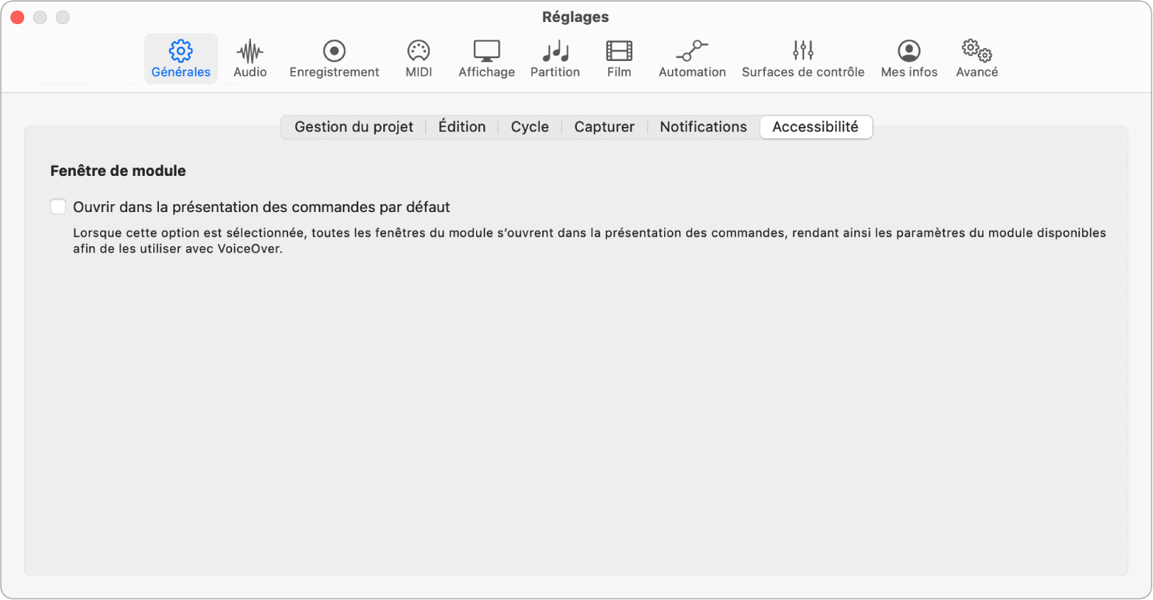 Figure. Réglages d’accessibilité.
