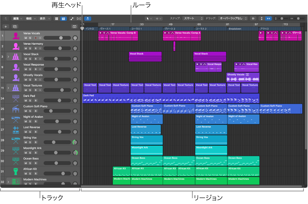 図。トラック、リージョン、再生ヘッド、ルーラが表示されたトラック領域。