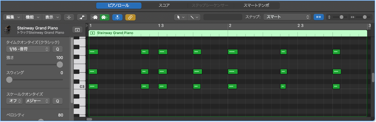 図。MIDIリージョンがノートイベントと共に表示されたピアノロールエディタ。